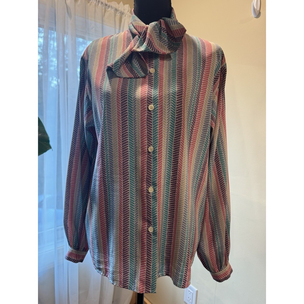 Vintage Women's Multicolor Striped Button Front Blouse Tie Neck Long Sleeve L - Picture 3 of 8